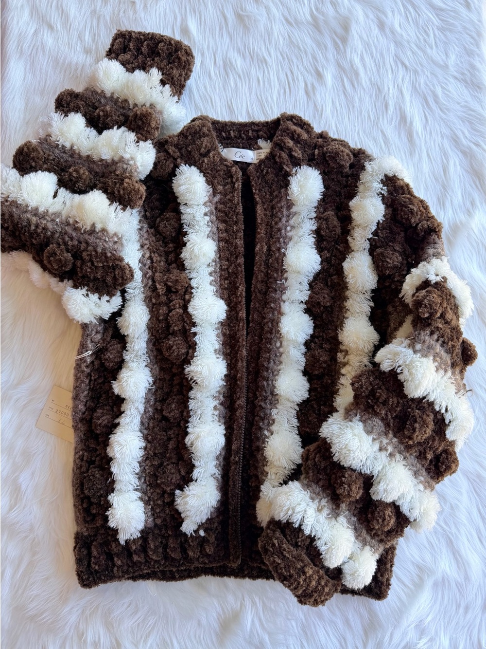 Vintage 90s Cee Brown Stripe Pom-Pom Fuzzy Zip Jacket Novelty Knit XL - Picture 8 of 13